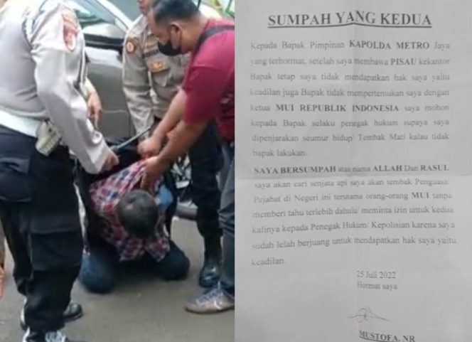 
 Foto kolase: (kiri) Pelaku ditangkap usai melakukan aksinya, Selasa (2/5/2023) dan diduga surat yang dikirimkan oleh pelaku penembakan di Kantor Pusat MUI Jakarta. (kanan). (Diki/Media Prioritas)
