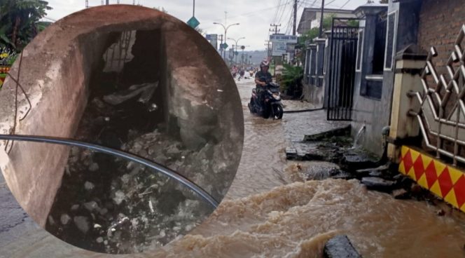 
 Kondisi Jalan Ir Juanda Kota Agung Tanggamus saat Tergenang Banjir dan Insert Material Sampah dalam Drainase Tidak Dikeruk Namun Langsung Dicor. (Edi Hidayat).