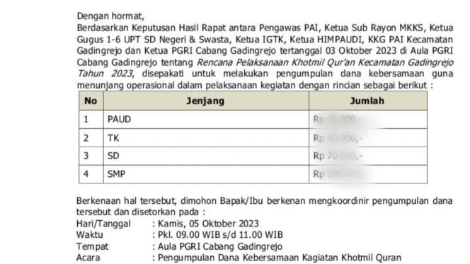 
 Tangkapan Layar Surat Dugaan Pungli Khotmil Quran di Gading Rejo Pringsewu, Jumat 27 Oktober 2023. (Nugroz/Media Prioritas).