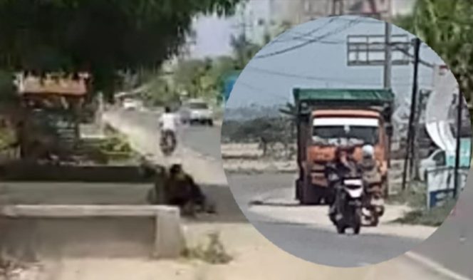 
 Tangkapan layar video korban terlindas truk di jalan raya wates gading rejo dan insert fuso yang berhasil diamankan polisi bersama warga, Selasa 21 Nopember 2023. (Davit/Media Prioritas)