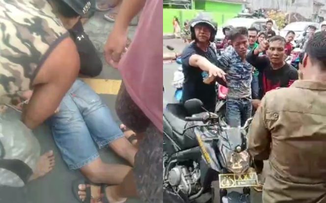 
 Kolase foto saat warga melumpuhkan pelaku dan saat polisi mengevakuasi jambret di Jalan Ir. Juanda Kota Agung, Tanggamus, Minggu 3 Desember 2023. Foto : Tangkapan Layar Video Viral.