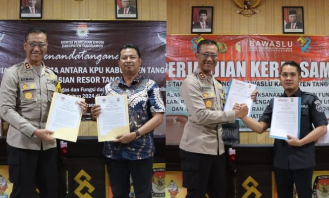 
 Kolase foto, Kapoolres Tanggamus menunjukan dokumen kesepakatan bersama KPU dan Bawaslu Tanggamus, Senin 4 Desember 2023. Foto : Dok Polres Tanggamus.