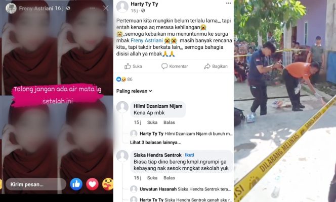 
 Kolase foto postingan story facebook, unggahan kesedihan netizen dan saat polisi melakukan olah TKP, Sabtu 16 Desember 2023. Foto : Istimewa/Tangkapan Layar/Sahbuddin.