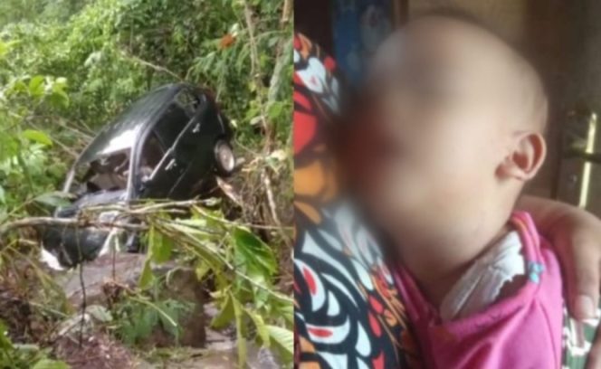 
 Kolase foto mobil xenia berplat B 1107 FKA berada di jurang Sirna Galih, Ulu Belu, Tanggamus, Selasa 26 Desember 2023 dan anak setahun selamat dalam pelukan warga setempat. Foto : Tangkapan Layar Video/Istimewa/Mustar Arifin/Media Prioritas Network.