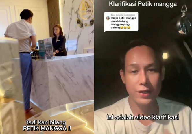 
 Kolase foto saat video viral 'Petik Mangga' @Kakoto Refleksi Jakarta dan saat pria tersebut memberikan video klarifikasi. Foto : Tangkapan Layar.