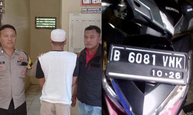 
 Kolase foto tersangka Aris sebelum dijebloskan penjara Polsek Pugung dan sepeda motor yang berhasil disita pihak kepolisian, Kamis 18 Januari 2024. Foto : Polres Tanggamus.