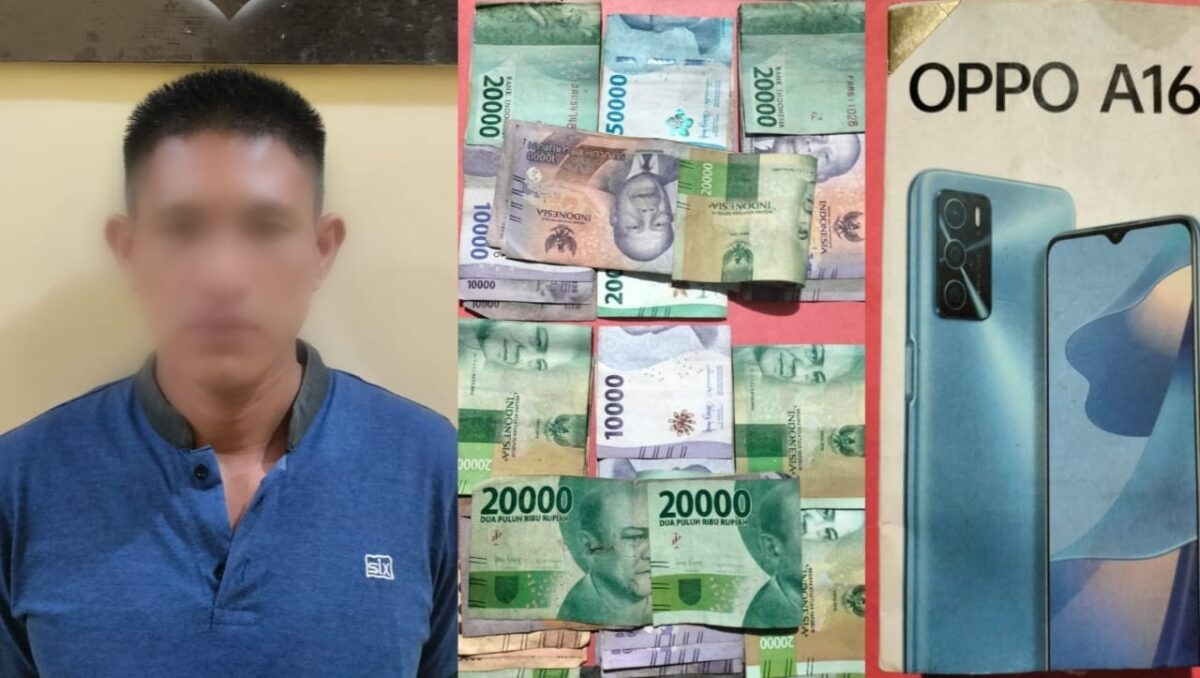 Kolase foto tersangka Ade Candra (22), warga Pekon Kunyayan Kecamatan Wonosobo Kabupaten, pelaku pemerasan dan perampasan berikut barang bukti yang ditangkap polisi, Rabu 31 Januari 2024, malam. Foto : Dok. Polres Tanggamus.