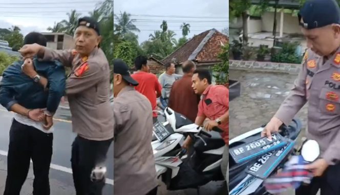 
 Kolase foto saat penangkapan tersangka di jalan raya pugung dan saat polisi melakukan pemeriksaan plat motor yang diletakan di bagasi, Selasa 6 Februari 2024. Foto : Tangkapan Layar Video Amatir.