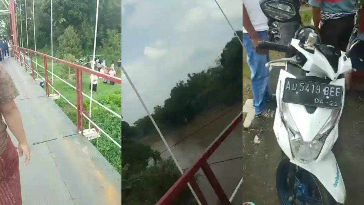 Kolase foto jembatan dan sungai Plupuh serta sepeda motor yang ditingalkan korban diatas jembatan, Jumat 16 Februari 2024, sore. Foto : Tangkapan Layar Video.