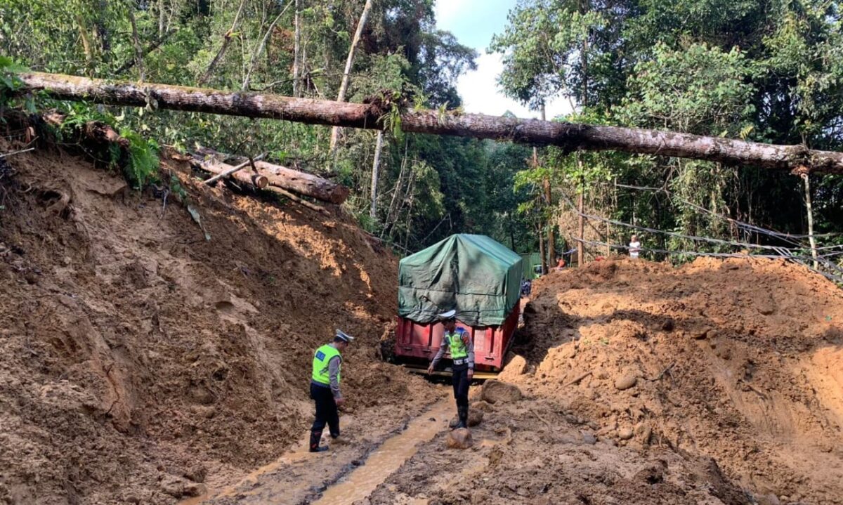 Truk tertimbun longsor di KM 17 Kubu Perahu, Lampung Barat, Rabu 21 Februari 2024. Foto : Sat Lantas Polres Lambar.