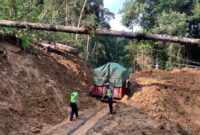 Truk tertimbun longsor di KM 17 Kubu Perahu, Lampung Barat, Rabu 21 Februari 2024. Foto : Sat Lantas Polres Lambar.