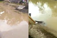 Kolase foto saat mayat bayi terbawa aliran air dan saat dievakuasi warga setempat, Rabu 21 Februari 2024. Foto : Tangkapan Layar.