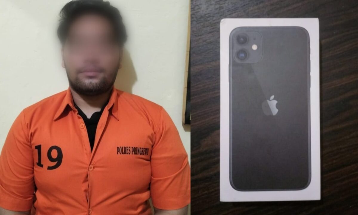 Kolase tersangka ADS dan barang bukti handphone Iphone milik korban. Foto : Dok. Polres Pringsewu.