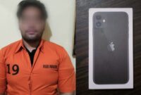 Kolase tersangka ADS dan barang bukti handphone Iphone milik korban. Foto : Dok. Polres Pringsewu.