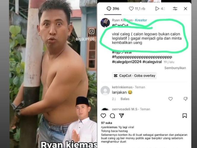 
 Kolase foto video viral caleg stres dan klarifikasi akun Ryan Kemas. Foto : Tangkapan Layar.