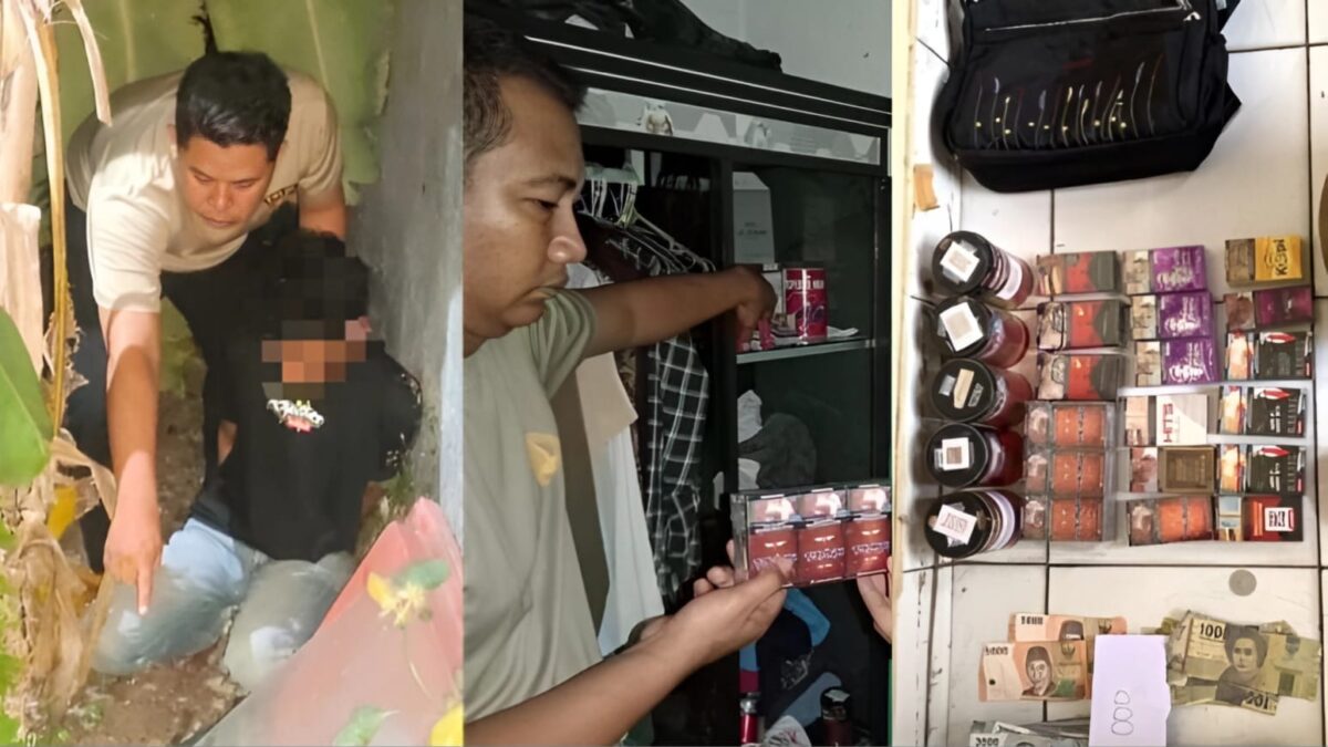Kolase foto saat tersangka menunjukan barang bukti tas yang dibuang, barang bukti di lemari kamarnya dan seluruh barang barang bukti yang dimankan polisi, Kamis 22 Februari 2024. Foto : Dok. Polres Lampung Timur.