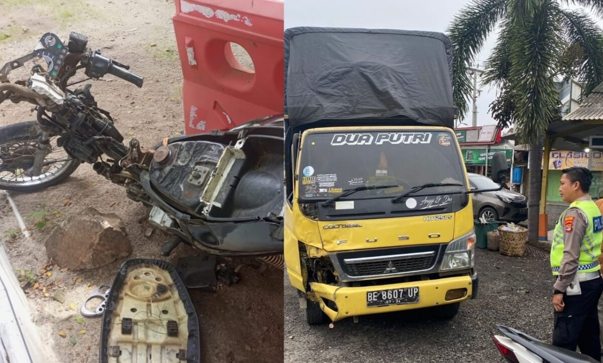 Kolase foto sepeda motor dan truk terlibat kecelakaan di Jalan Raya depan RS Mitra Husada, Pringsewu, Lampung, Sabtu 24 Februari 2024, dinihari. Foto : Dok. Polres Pringsewu.