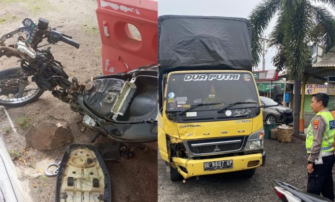 
 Kolase foto sepeda motor dan truk terlibat kecelakaan di Jalan Raya depan RS Mitra Husada, Pringsewu, Lampung, Sabtu 24 Februari 2024, dinihari. Foto : Dok. Polres Pringsewu.