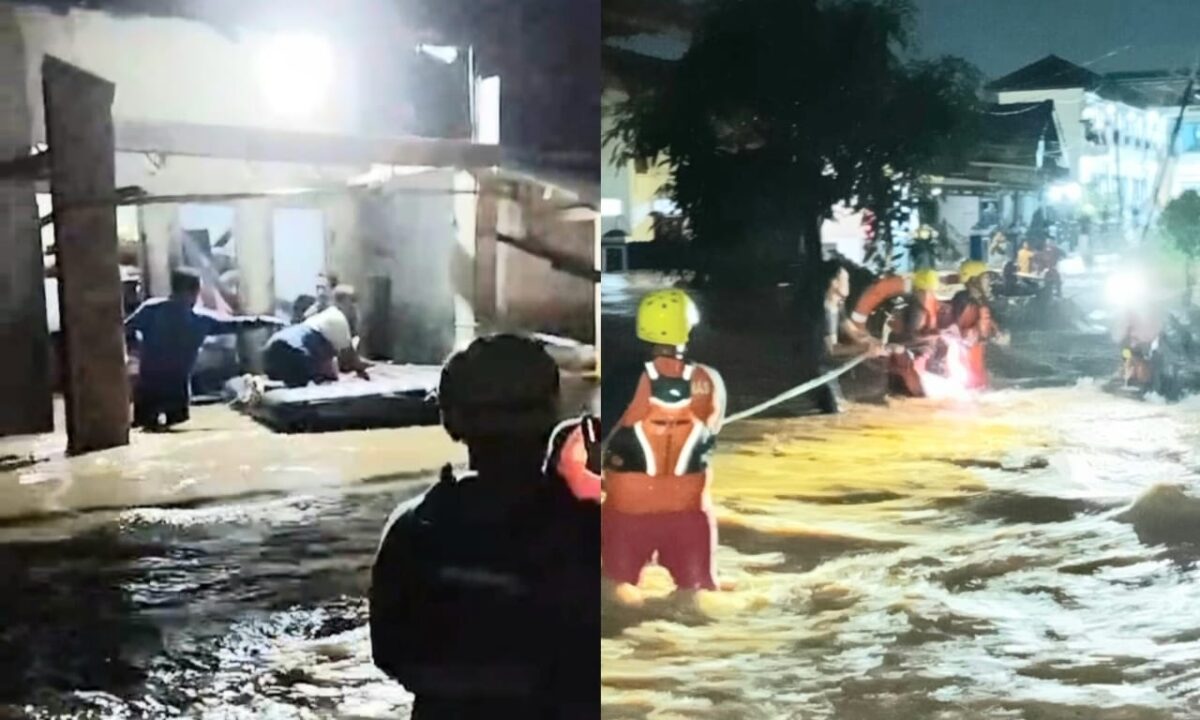 Kolase foto saat tim SAR gabungan evakuasi puluhan warga yang terjebak banjir di rumah mereka di Bandar Lampung, Sabtu 23 Februari 2024, malam. Foto : Basarnas Lampung.