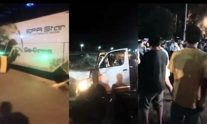 
 Kolase foto bus dan travel terlibat kecelakaan serta warga yang berusaha melakukan pertolongan, Minggu 25 Februari 2024, malam. Foto : Tangkapan Layar.