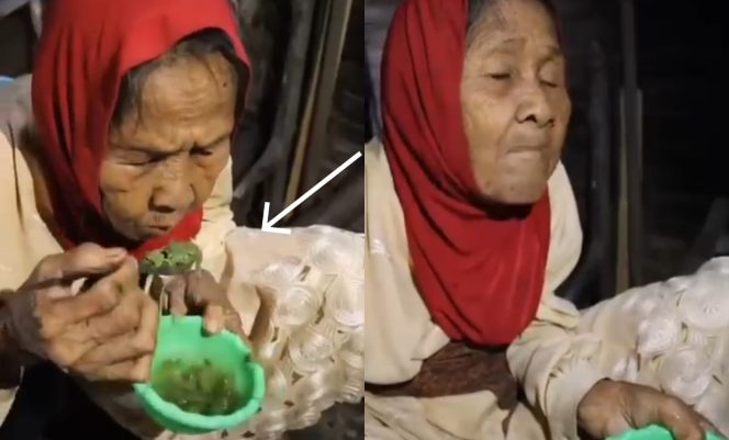 
 Kolase foto saat Nenek Nursiah menyendok air bertoping daun singkong seperti video viral yang beredar, Senin 26 Februari 2024. Foto : Tangkapan Layar.