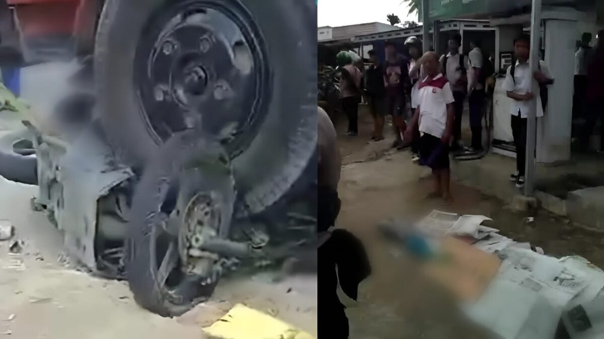 Kolase foto motor korban tergilas truk dan saat korban belum dievakuasi ke rumah sakit saat peristiwa kecelakaan di depan RM PTM Gedongtataan, Pesawaran, Lampung, Senin 26 Februari 2024. Foto : Tangkapan Layar.