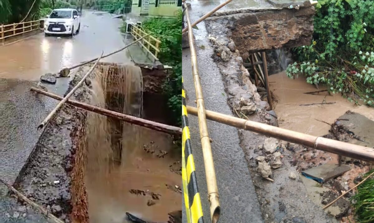 Kolase foto jembatan pagar alamt yang ambrol saat cuaca hujan dan setelah hujan reda juga dibatasi tanda, Jumat 1 Maret 2024. Foto : Istimewa.