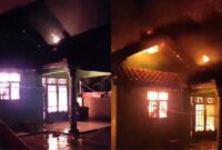 Kolase foto kebakaran yang meludeskan rumah di Pekon Banjar Negeri, Gunung Alip, Tanggamus, Jumat 1 Maret 2024, malam. Foto : Tangkapan Layar Video.