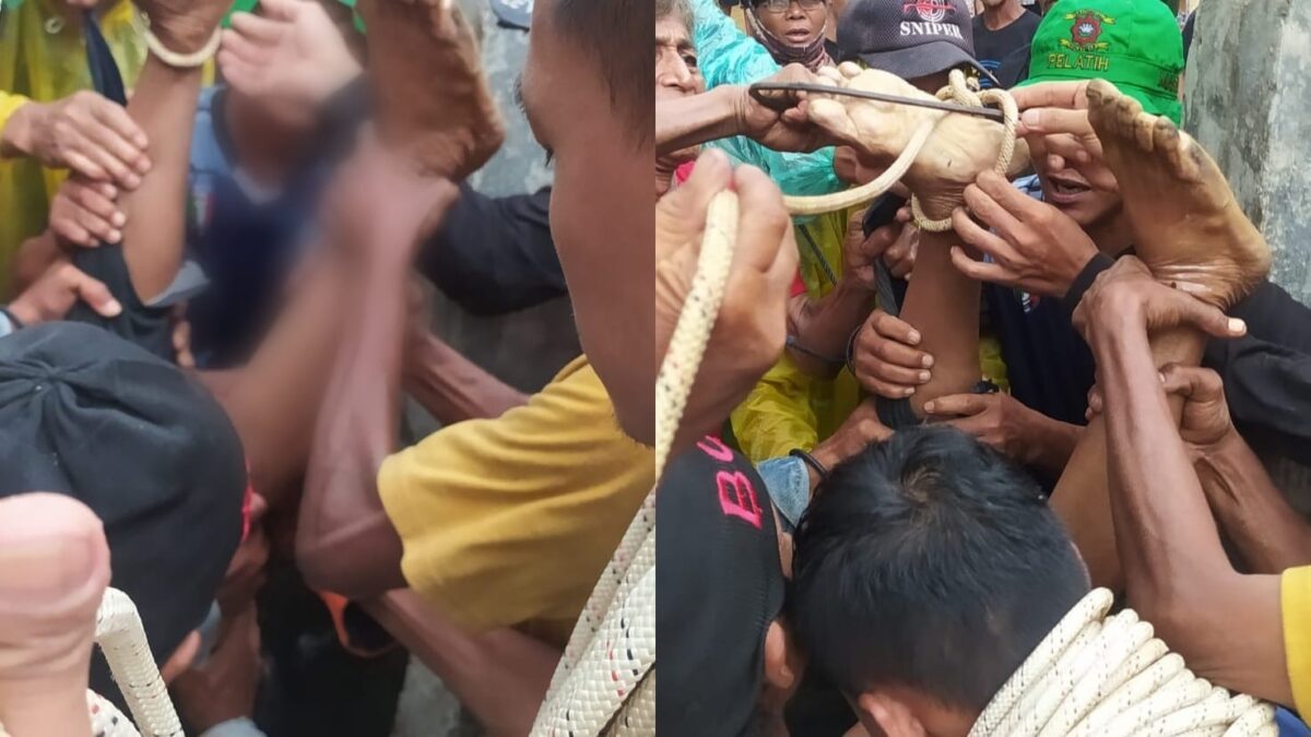 Kolase foto proses evakuasi 2 korban dari dalam sumur meninggal diduga menghirup gas beracun di Pekon Jatiagung, Ambarawa, Pringsewu, Jumat 8 Maret 2024. Foto : Istimewa.