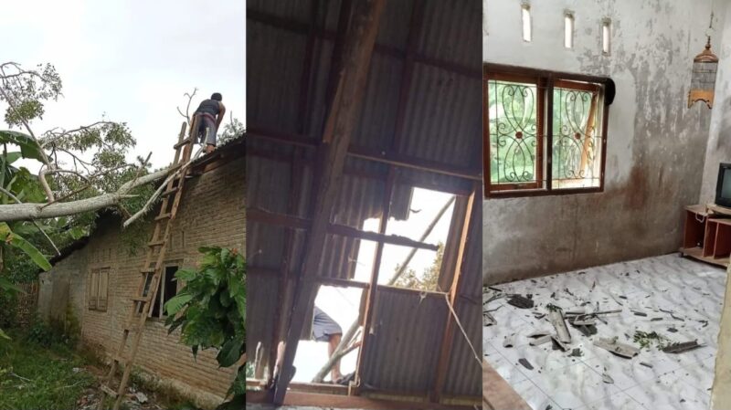 Kolase foto pohon menimpa atap, asbes yang jebol dan kondisi ruang keluarga Agus paska tertimpa pohon, Jumat 8 Maret 2024. Foto : Istimewa.