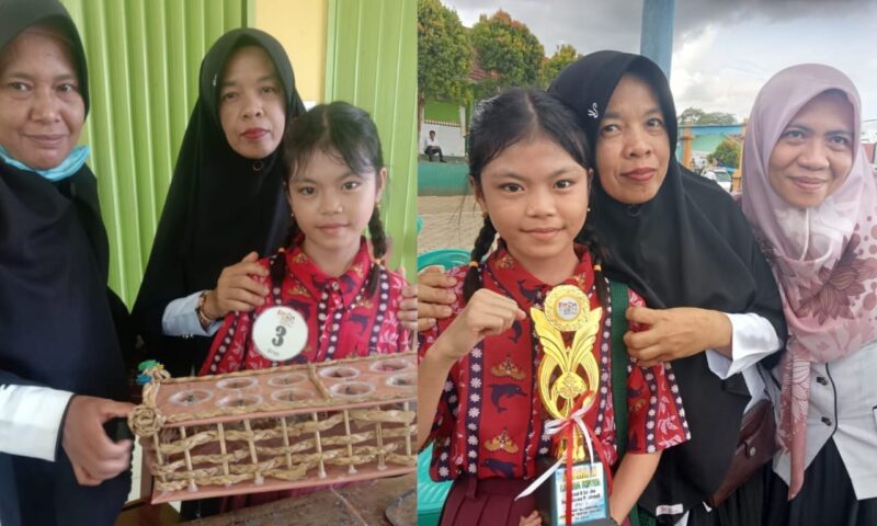 Fellicia Siswi SDN 1 Kagungan Kotim Tanggamus Raih Juara Dua Lomba Ketrampilan Anyaman di FLS2N didampingi guru dan kepala sekolah, Rabu 6 Maret 2024. Foto : Herman/Media Prioritastv.com.