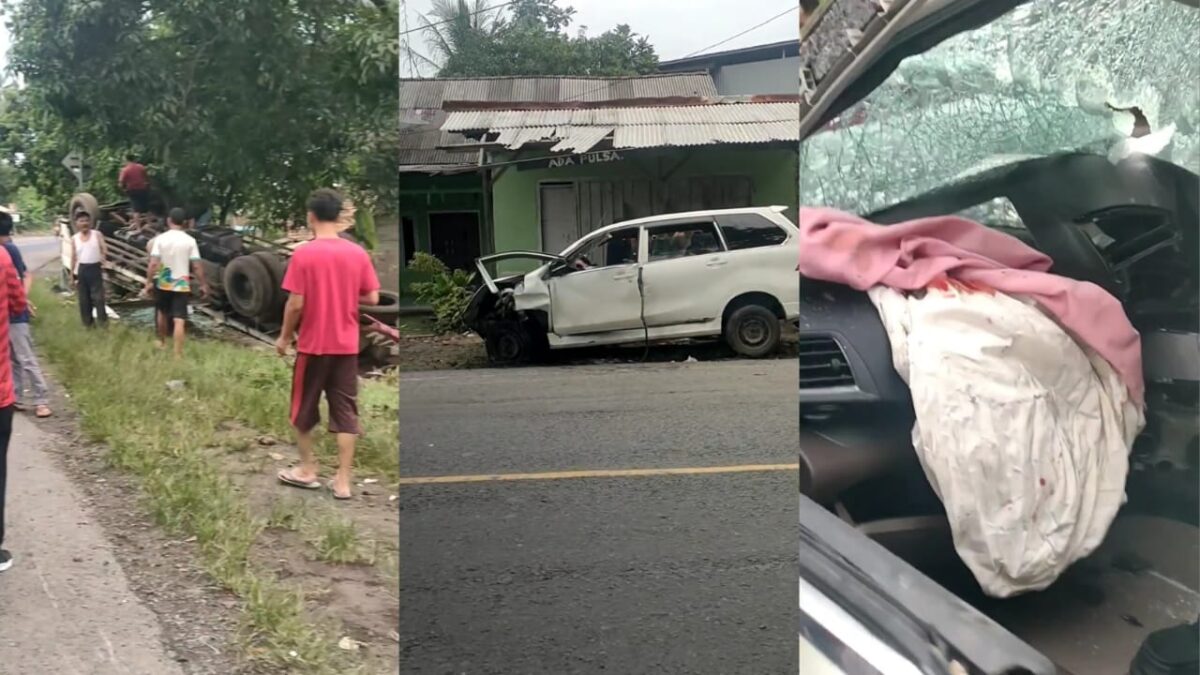 Kolase foto truk terungkal ke dalam siring, minibus putih paska tabrakan dan kondisi kemudi minibus xenia yang ringsek, Sabtu 9 Maret 2024. Foto : Tangkapan Layar.