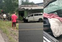 Kolase foto truk terungkal ke dalam siring, minibus putih paska tabrakan dan kondisi kemudi minibus xenia yang ringsek, Sabtu 9 Maret 2024. Foto : Tangkapan Layar.