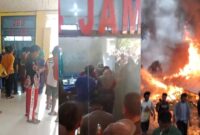 Kolase foto saat warga melihat korban dalam penanganan pihak media Srimulyo, Suoh, Lambar dan saat warga meninggalkan lokasi dibakarnya Resort Polhut Suoh, Senin 11 Maret 2024. Fofo : Kamto Winendra/Media Prioritastv.com.
