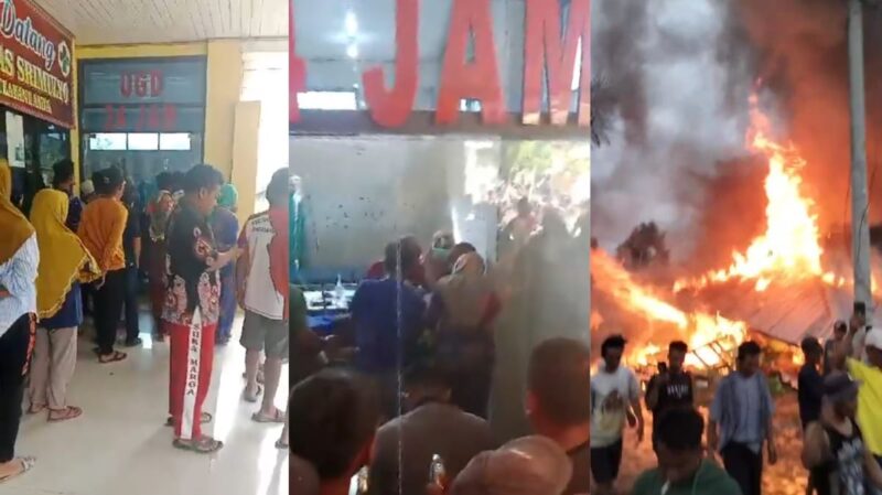 Kolase foto saat warga melihat korban dalam penanganan pihak media Srimulyo, Suoh, Lambar dan saat warga meninggalkan lokasi dibakarnya Resort Polhut Suoh, Senin 11 Maret 2024. Fofo : Kamto Winendra/Media Prioritastv.com.