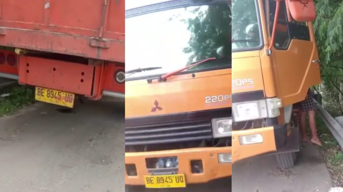 Kolase foto truk berplat BE 8945 UQ dan jasad korban tergantung di truk tersebut, Selasa 11 Maret 2024, sore. Foto : Tangkapan Layar Video.