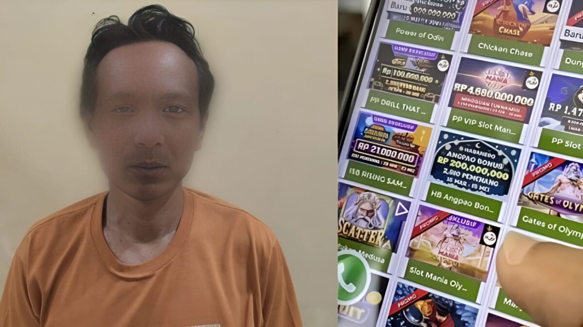 Kolase foto tersangka Atep setelah ditangkap Polsek Wonosobo dan ilustrasi judi online slot, Selasa 12 Maret 2024. Foto : Edi Hidayat/Media Prioritastv.com.
