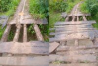Pengrusakan papan jembatan tempat melintas puluhan petani di Dusun Girimulyo, Pekon Ngarip, Ulu Belu, Tanggamus, Sabtu 16 Maret 2024. Foto : Facebook Aldo Rahmadani.