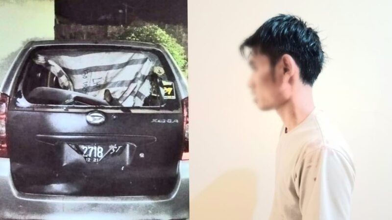 Kolase foto mobil xenia kondisi rusak dan tersangka dewasa yang dirilis Polsek Talang Padang, Minggu 17 Maret 2024. Foto : Polres Tanggamus.