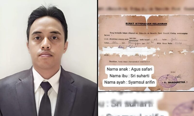 Kolase Foto Agus Safari pencari orang tua kandung di Gisting Tanggamus dan akta kelahiran yang dimilikinya berikut nama orang tua, Minggu, 17 Maret 2024. Foto : Dok. Istimewa.