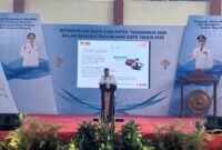 Kaban Bapperida Tanggamus, Hendra Wijaya Mega saat Memberikan Sambutan Laporan pada Musrenbang RKPD 2025 Tingkat Kabupaten,di GOR Mini Pekon Kota Agung, Kecamatan Kota Agung,  Rabu 6 Maret 2024.