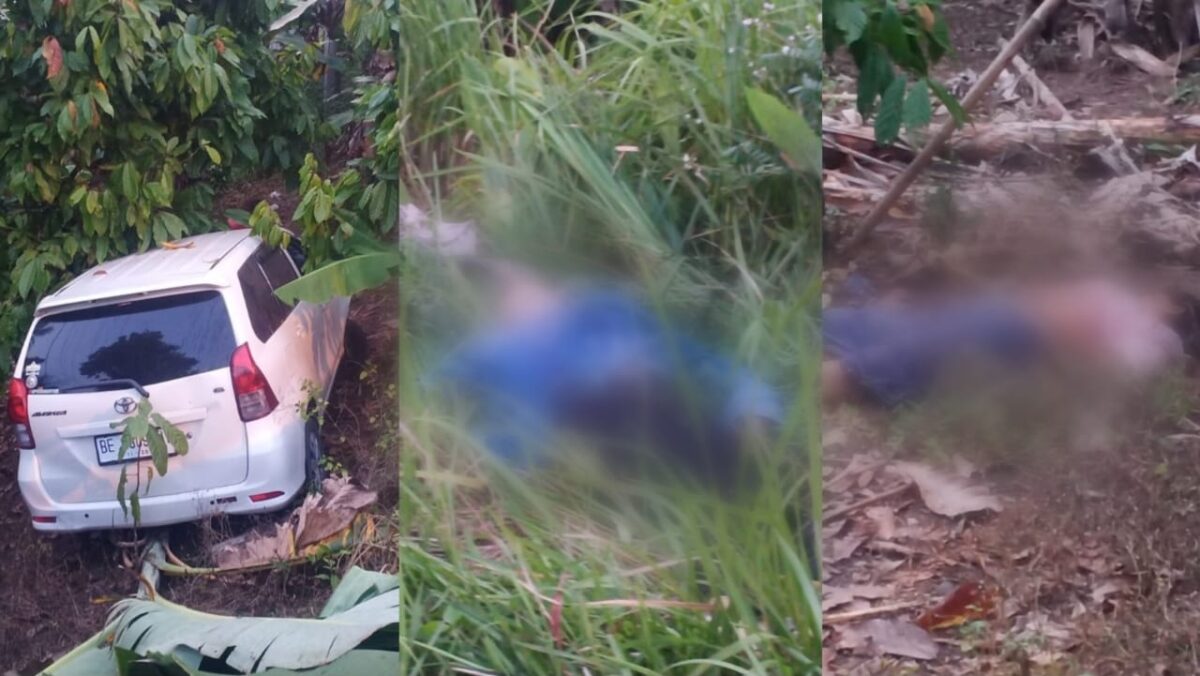 Kolase foto avanza berada di kebun coklat dan 2 korban terkapar di lokasi saat diabadikan warga setempat, Minggu 24 Maret 2024. Foto : Warga Sinar Agung.