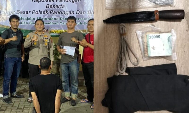 Kolase foto tersangka Mantoyek saat berada di Polsek Panongan, Banten usai ditangkap dan barang bukti yang disita dalam perkara yang menjeratnya, Kamis 28 Maret 2024. Foto : Polres Tanggamus.