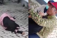 Kolase Foto saat Wanita Pingsan Hendak Sholat dan saat Dipeluk Suaminya yang Cemas di Halaman Masjid Rayyan Mujahid, Pringsewu, Kamis 28 Maret 2024. Foto : Tangkapan Layar Video.