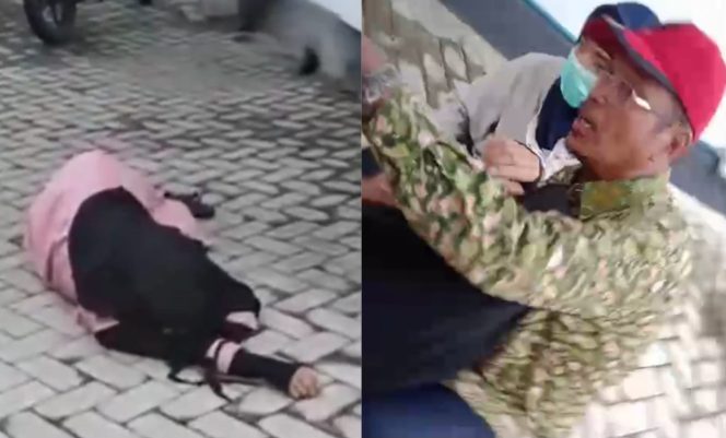 
 Kolase Foto saat Wanita Pingsan Hendak Sholat dan saat Dipeluk Suaminya yang Cemas di Halaman Masjid Rayyan Mujahid, Pringsewu, Kamis 28 Maret 2024. Foto : Tangkapan Layar Video.