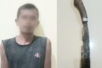 Kolase Foto Tersangka dan Barang Bukti Golok yang Digunakan Tersangka RB., Kamis 4 Maret 2024. Foto : Polres Tanggamus.