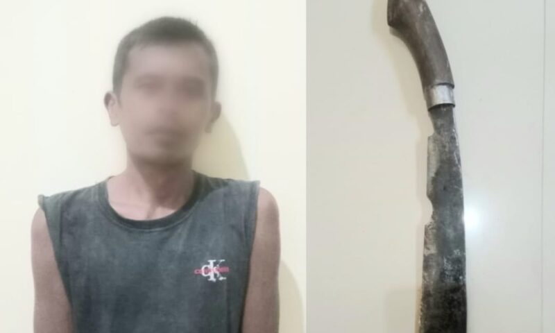 Kolase Foto Tersangka dan Barang Bukti Golok yang Digunakan Tersangka RB., Kamis 4 Maret 2024. Foto : Polres Tanggamus.