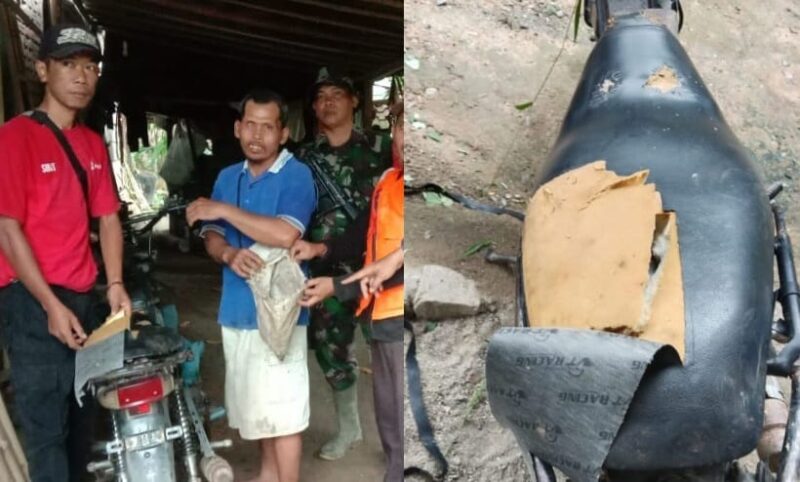 Kolase foto kedua warga menunjukan robeknya tas karung robek dan sepeda motor yang dicakar harimau, Jumat 5 April 2024. Foto : Istimewa.