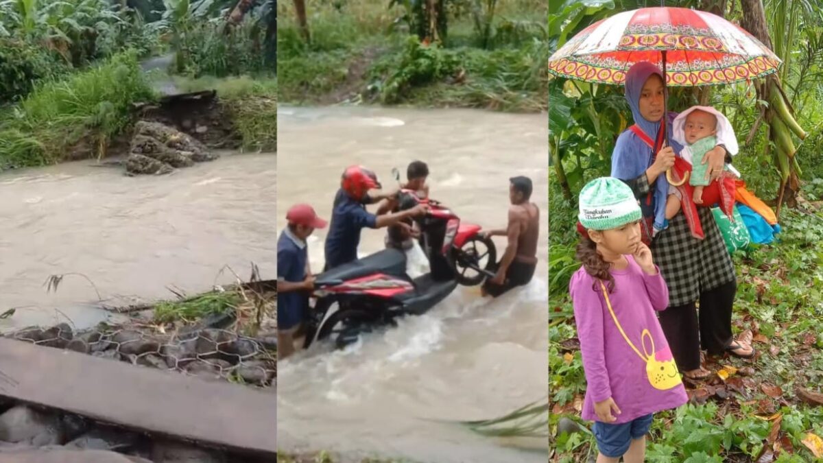 Kolase foto jembatan putus menuju Pekon Sampang Turus, Wonosobo, Tanggamus, Lampung dan saat Pemudik Disebrankan oleh Warga setempat, Jumat 12 April 2024. Foto : Tangkapan Layar Video.
