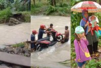 Kolase foto jembatan putus menuju Pekon Sampang Turus, Wonosobo, Tanggamus, Lampung dan saat Pemudik Disebrankan oleh Warga setempat, Jumat  12 April 2024. Foto : Tangkapan Layar Video.